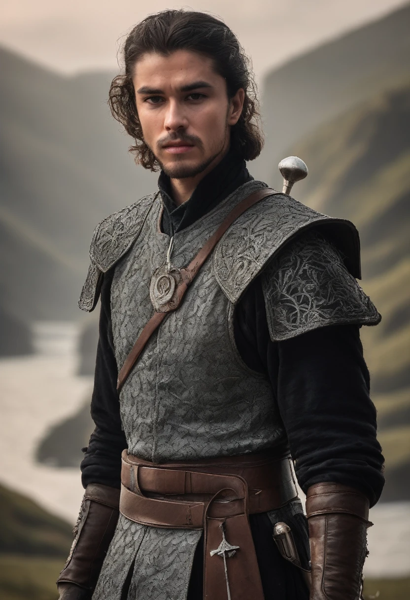 ((best quality)), ((masterpiece)), (detailed)), Portrait of a 26-year-old man, a fencer wearing Game of Thrones-style clothing, with short dark brown hair and dark eyes, holding a rapier in his hand. Camera angle: Medium shot, focusing on his poised stance and the intricate details of his attire, evoking the intense and dramatic atmosphere of a fantasy world.
