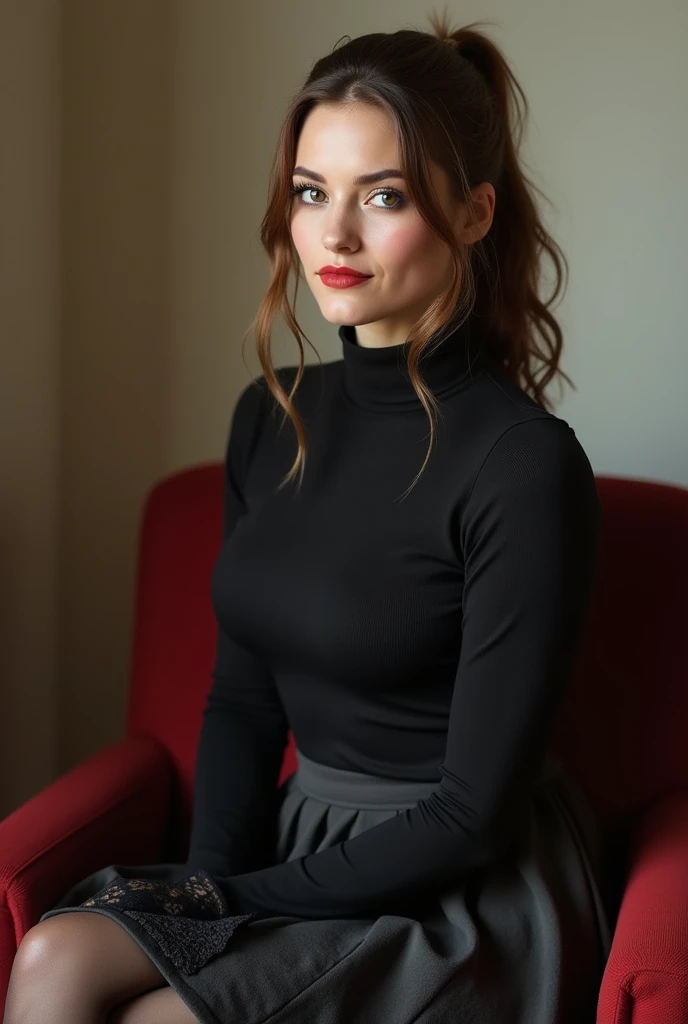 brown hair color、hair pulled back、ponytail、cute face、 she wears a turtleneck and a skirt.、black pantyhose、sitting on a chair、crossed legs、Wearing black lace gloves、wearing over the knee socks、adult german woman、full body portrait、indoor.、