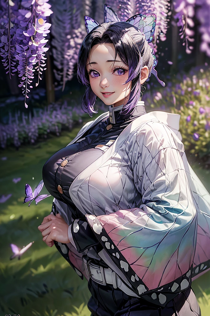 ((topless))、Shinobu Kocho&#39;s extremely detailed and high-resolution masterpiece, Beautiful and deadly Demon Slayer: Kimetsu no Yaiba with dynamic action. Highlight the intricate details of her butterfly-themed costume and the intense expressions on her face. Set the scene on a sunny day, With a quiet pond and cherry blossom petals in the background. Use of rich colors and volumetric light、Creates ethereal beauty and strength.((black and purple butterfly in the crotch))、Sit on a chair and spread your legs