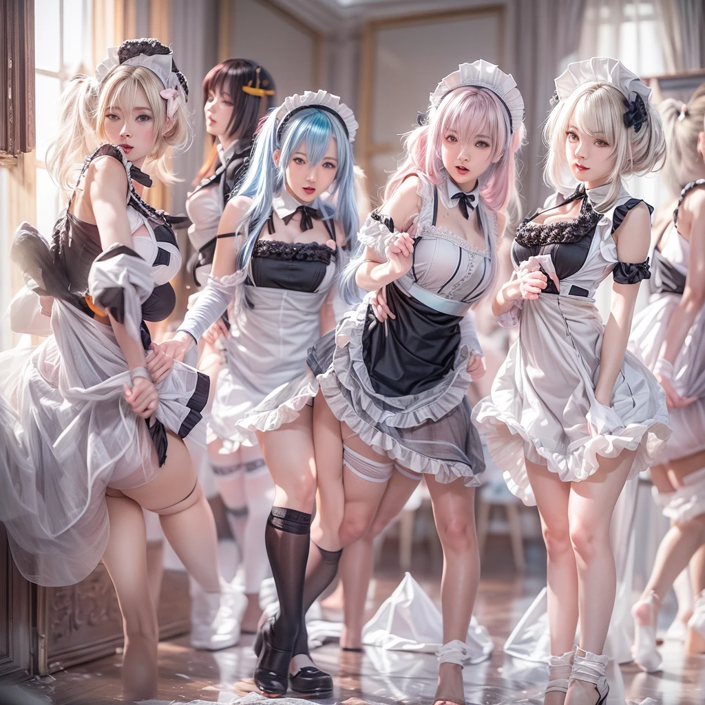 (Full Body of Extremely Detailed((Sexy Maid Group in a row:1.37))), KAWAII perfect face, Reflective Eyes, Detailed(Delicate Clothing textures), Correct Leg Line, Dynamic Joyful Expressions LifeLike Rendering, Specular Reflection, TopQuality 8K Ultra-detailed masterpiece (ProfessionalPhoto:1.37), (Acutance:0.8), (Luminism:1.28), (Renaissance art style), Colorful Light particles, ((Full body from side)), {Kissing|Thigh Gap|AssFocus|(NakedApron with Overflowing SideBoob)}, Radiant Fine Skin with Transparency, (Exposed:0.4), (Different types of Anime hair color){Pink Hair|Blue Hair|Platinum Blonde|Pure White Hair|Liquid Hair}, Perfect Lighting 