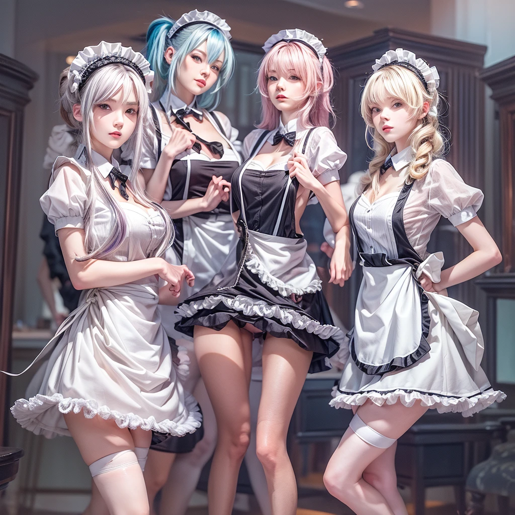 (Full Body of Extremely Detailed((Sexy Maid Group in a row:1.37))), KAWAII perfect face, Reflective Eyes, Detailed(Delicate Clothing textures), Correct Leg Line, Dynamic Joyful Expressions LifeLike Rendering, Specular Reflection, TopQuality 8K Ultra-detailed masterpiece (ProfessionalPhoto:1.37), (Acutance:0.8), (Luminism:1.28), (Renaissance art style), Colorful Light particles, ((Full body from side)), {Kissing|Thigh Gap|AssFocus|(NakedApron with Overflowing SideBoob)}, Radiant Fine Skin with Transparency, (Exposed:0.4), (Different types of Anime hair color){Pink Hair|Blue Hair|Platinum Blonde|Pure White Hair|Liquid Hair}, Perfect Lighting 