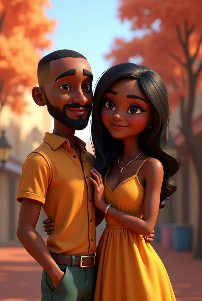 3D Pixar image of a dark-skinned man, medium size, shaven hair, shaved beard, long nose; com uma mulher negra de medium size de cabelo liso comprido