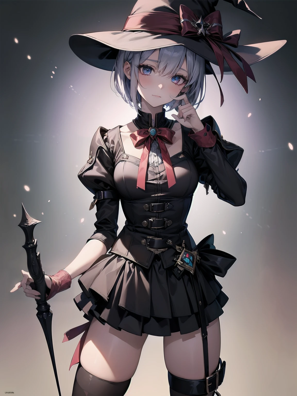 (Masterpiece artwork: 1.3), (top-quality: 1.2), Grande plano de one rapariga bonita, Ultra-detailed illustration, Ultra-high quality, high qualiy, top-quality, members, Fingers, beautiful and slender girl, one, Eyes red, leather witch cosplay, little devil, bob cut, black stocking, deer hat, illuminated kinematics