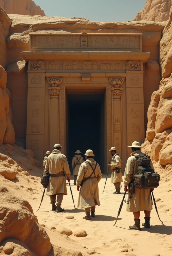Skeptical scientists analyzing the egyptian  tomb’s surroundings. 