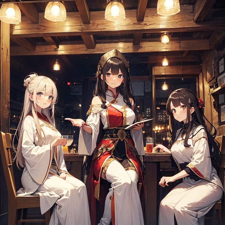 A group of priestess, (in tavern), various hair styles, harem, night, details face, seducing, ceremonial outfit, multiple girls