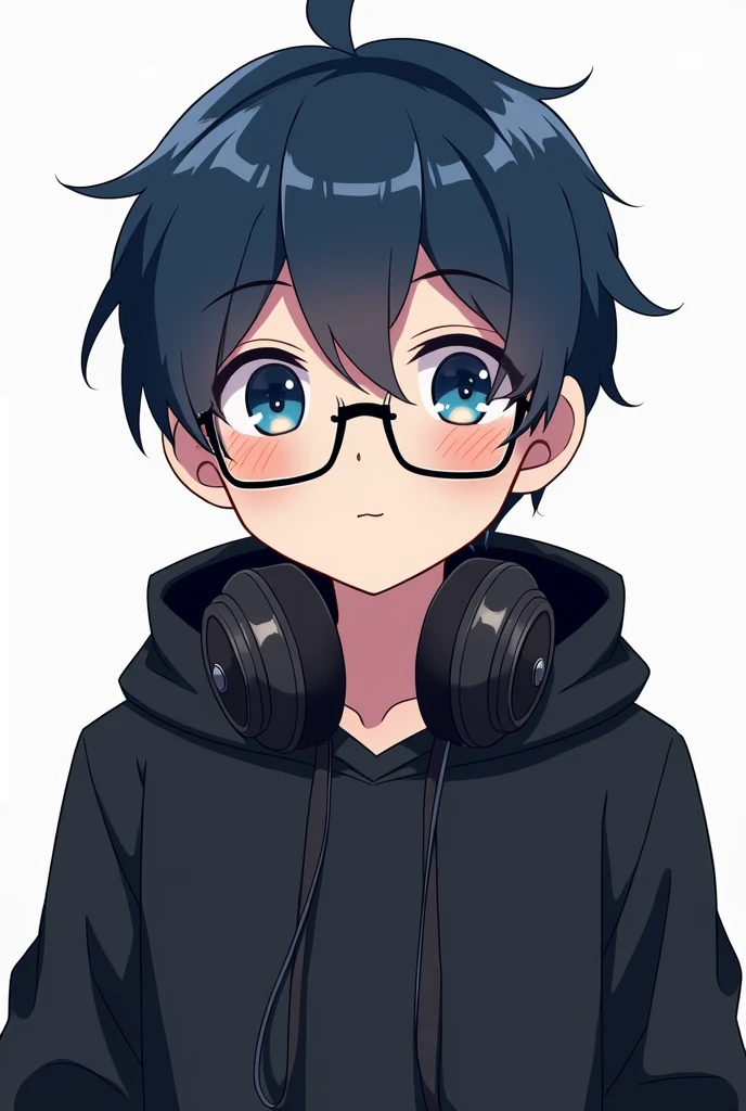 He's a -aged boy, looike a gamer.
He's wearing headphones around his neck.
He's wearing a black hoodie.
His hair is dark blue.
Anime style.
He's wearing long, thin glasses.