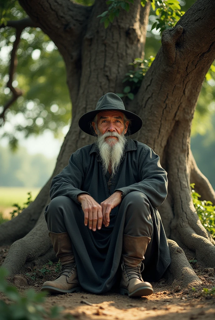 Image of an old wise man wearing a Black hat and clothes of someone who lives in a village. He is under a tree