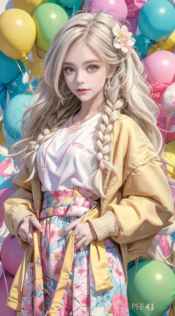 Girl,A pair of peach blossom eyes,prettyandcute,flower ring,Yellow jacket,White sweatshirt,Lots of colored bubbles,Royal sister face,chibiStyle,There are collarbones,White extra long hair,perfectdetaileyes,Perfect for hand fingers,Delicate face,perfectcg,4k quality,Colorful balloons,skyward,Colorful oil pastels