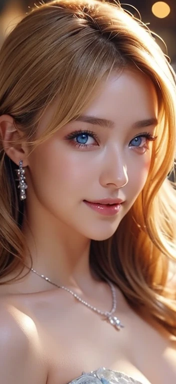 bride、wedding、Luxurious floral dresses、Lightly Dressed、necklace、Formal Wear、night景、illumination、blue eyes、blonde、short hair、Hair tied up、Full body photo、Sexy Face、short hair、 A look of complete lust、(((masterpiece)))、((Highest quality))、((超Realistic))、Mature Woman、Mature Woman、perspective、Very detailed、The perfect temptation、Best image quality、Fine-grained image quality、beautiful、European women, French,Italian woman, smile、blue eyes、jewelry, Realistic, High resolution, Glowing Skin, (Detailed face), jewelry, night, blonde, Wavy Hair,attractive appearance, smile,Japanese women