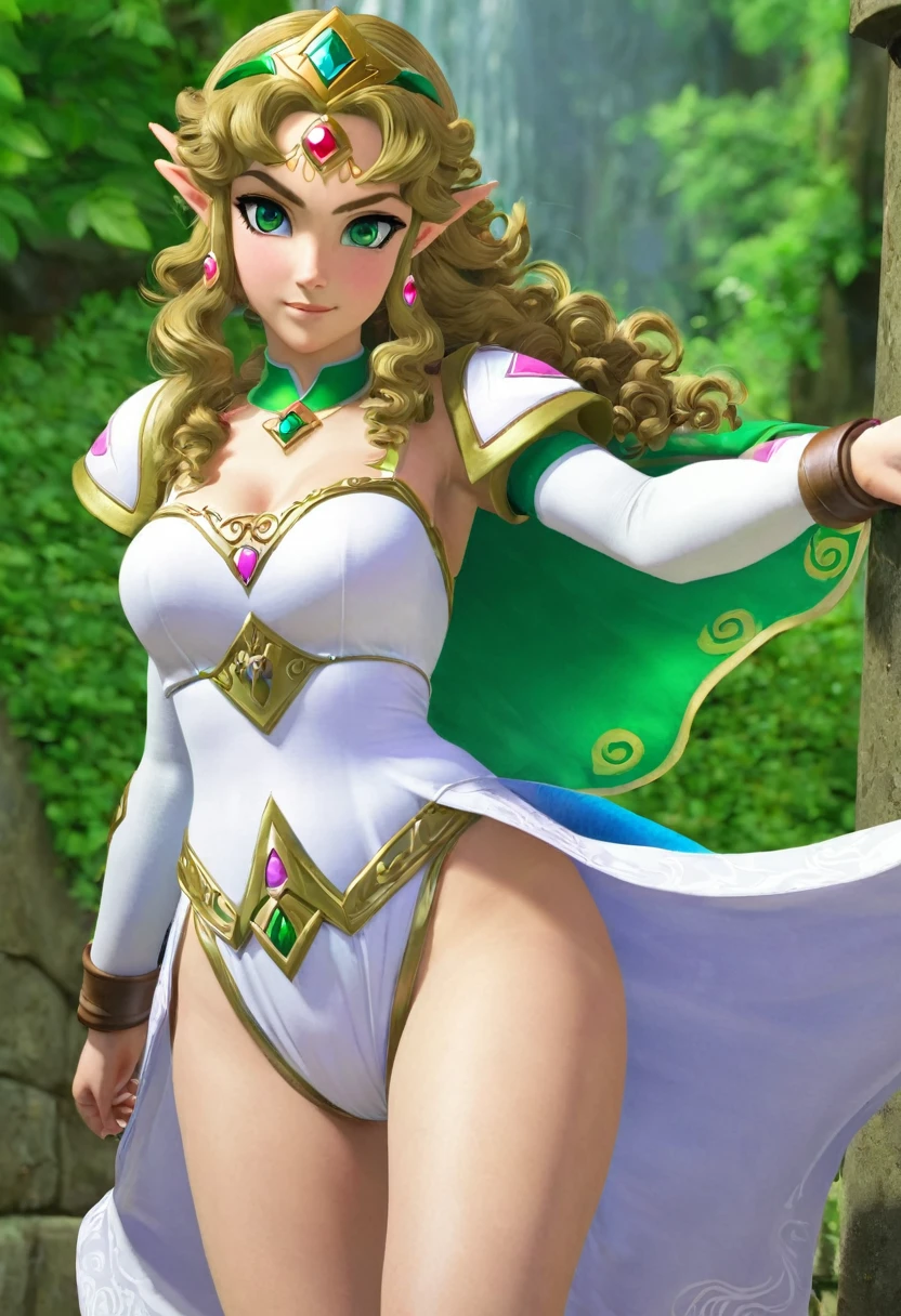 Describe a 20-year- woman, 1.80 tall, green eyes, curly hair, big breasts, big ass, princess Zelda.