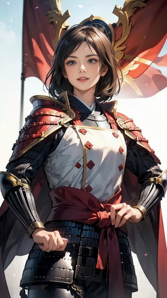 Beautiful woman with dark hair:1.3, Amazing character art, ((Knight Armor:1.3 )),((Pure white background)), (8k, RAW photo, best quality), Handsome,Beautiful female knight, 2. 5D CGI Fantasy Artwork, Detailed digital art, Very nice work of art, Fan Art Best Art Station, (Red velvet long cape),(Stretch your open hand forward:1.3), (Hands on hips),(on stage:1.2),((From below)),Eyes looking into the distance,(A female general gives orders to her soldiers:1.3),Muscular,(samurai:1.2),dynamic,(Confident:1.2,An inappropriate smile,Overbearing),samurai:1.2,Japan