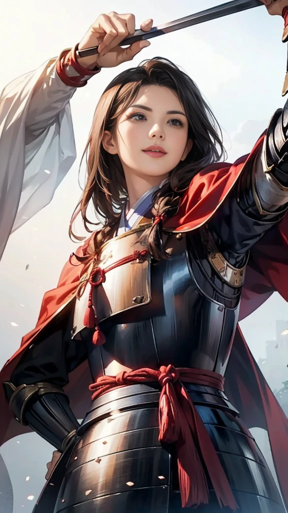 Beautiful woman with dark hair：1.3, Amazing character art, ((Knight Armor:1.3 )),((Pure white background)), (8k, RAW photo, best quality), Handsome，Beautiful female knight, 2. 5D CGI Fantasy Artwork, Detailed digital art, Very nice work of art, Fan Art Best Art Station, (Red velvet long cape),(Stretch your open hand forward:1.3), (Hands on hips),(on stage:1.2),((From below)),Eyes looking into the distance,(A female general gives orders to her soldiers:1.3),Muscular,(samurai:1.2),dynamic,(Confident:1.2,An inappropriate smile,Overbearing),samurai：1.2,Japan