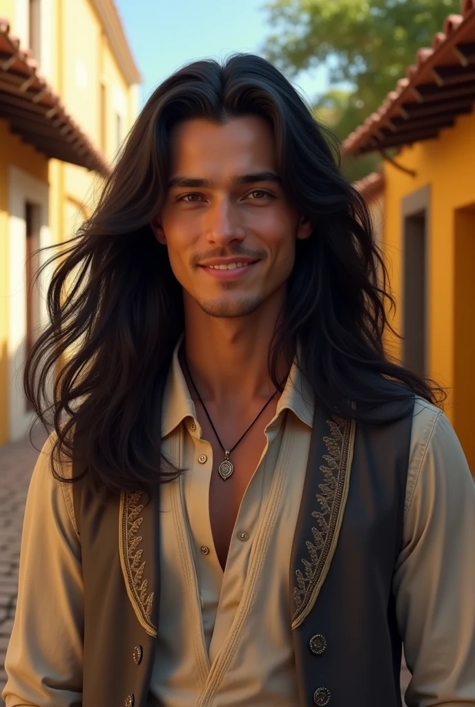 A guy in his early 20s with long black hair down to his waist, elegant clothing Antigua smiling. Let it be really attractive 
