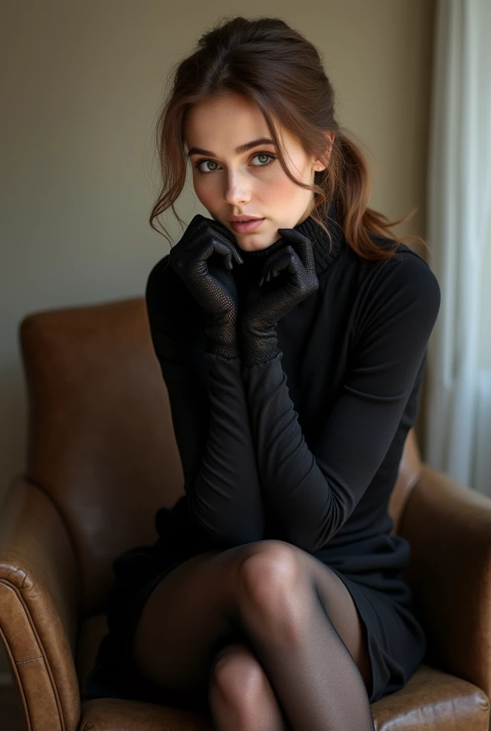 brown hair color、hair pulled back、ponytail、cute face、 she wears a turtleneck and a skirt.、black pantyhose、sitting on a chair、crossed legs、Wearing black lace gloves、wearing thighhighs、adult german woman、full body portrait、indoor.、