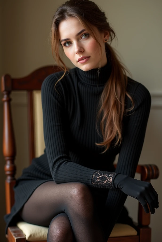 brown hair color、hair pulled back、ponytail、cute face、 she wears a turtleneck and a skirt.、black pantyhose、sitting on a chair、crossed legs、Wearing black lace gloves、wearing  thighhighs、adult german woman、full body portrait、indoor.、
