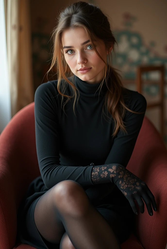brown hair color、hair pulled back、ponytail、cute face、 she wears a turtleneck and a skirt.、black pantyhose、sitting on a chair、crossed legs、Wearing black lace gloves、wearing  thighhighs、adult german woman、full body portrait、indoor.、