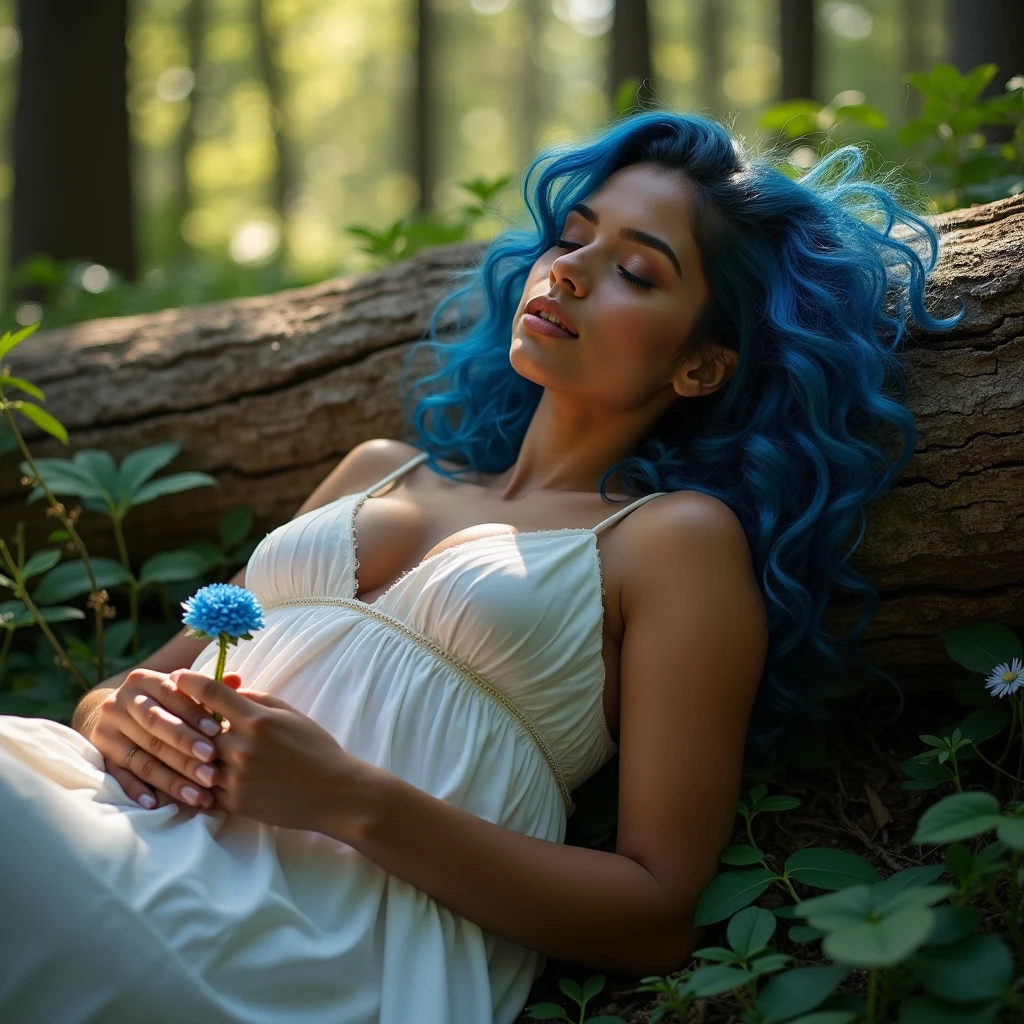 Beautiful biracial latina woman , blue long wavy hair, eyes closed, large breast, lay on her back on a fallen tree, in forest, Rays of the sun on her, hold a blue flower on her hands wear a white dress without sleeves, A lot of vegetation, De Côté,