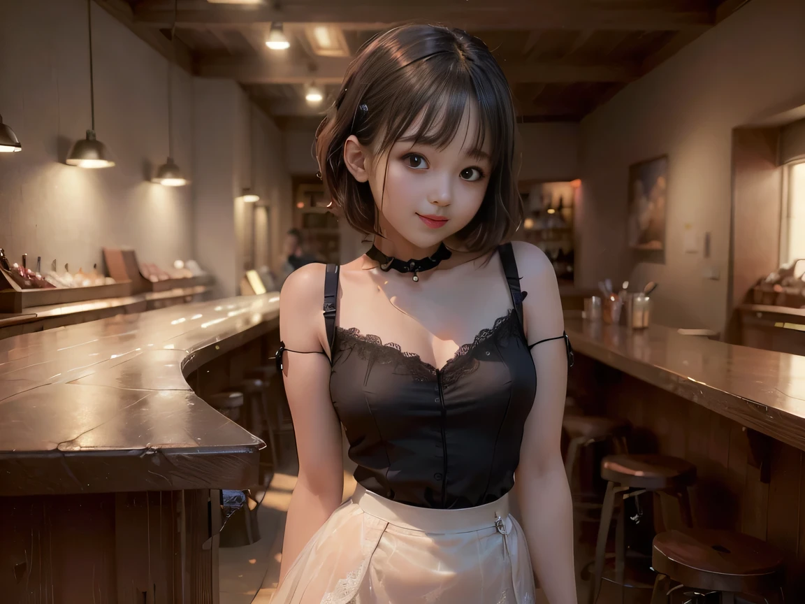 (Highest quality, masterpiece, Ultra-high resolution, 8k, RAW Photos, Realistic, Anatomically correct:1.5), 20-year-old girl:1.2, Embarrassing, avert your eyes, blush:1.0, View Viewer, ((bar)) 、Large windows、Night view、 Light:1.2, Bokeh, Cinema Lighting:1.0, Depth of written boundary, sharp、 Cute Face、Idol、(Black short sleeve lace top)、(Black tulle skirt)、”dwarf”、(Full Body Shot)、Side angle、Cowboy Shot、( smile)、((Ultra short hair、Berry Short))、(Straight bangs)、((See-through))、(( One woman))、Waist、I can see your thighs、