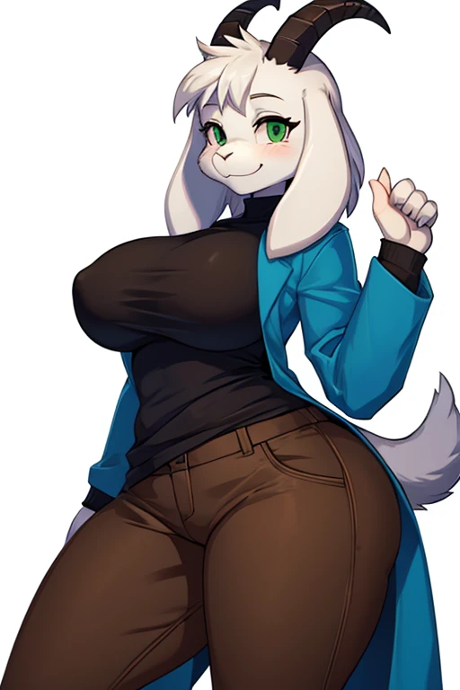 girl, alone, white background, furry, anthropomorphic goat, anthro, animal body, asriel, undertale, , big ass, wide h, tall stature, green eyes, cartoon, smile, blue coat, black t-shirt, brown pants, facing for the viewer.