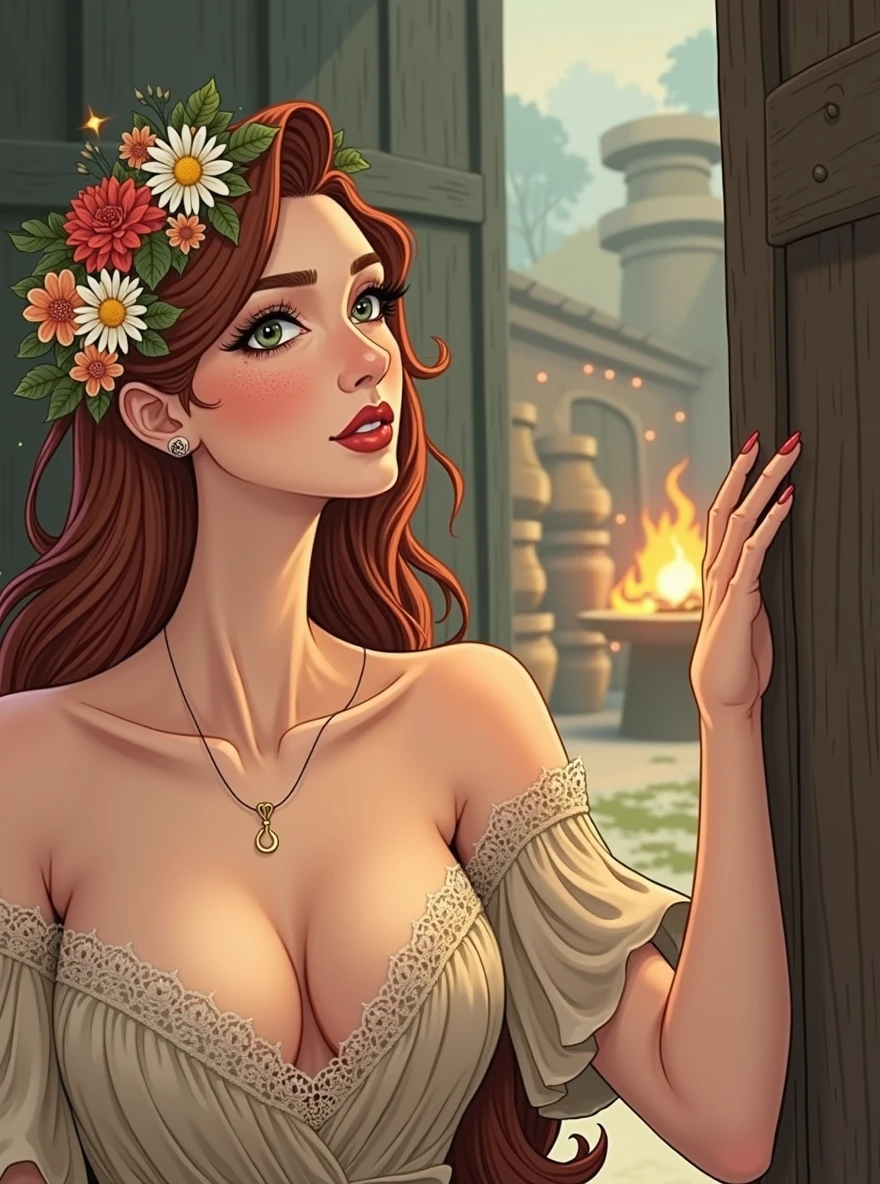 Luma is a elegant person, she is beautiful And have a strong posture, she has breasts that have a voluminous proportion, a pear feminine silhouette, Auburn hair, long Auburn hair, She has expressive eyes, ( Only eyes olive green) Her skin is fair and she has some light freckles on her cheek bones, busty, Farm, Brown rustic clothes, boho clothes, farm boho fashion clothes, romantic vibes, fire lights, fire sparkles, flowers clothes the hair to be half straight and half with curled ends cartoon
