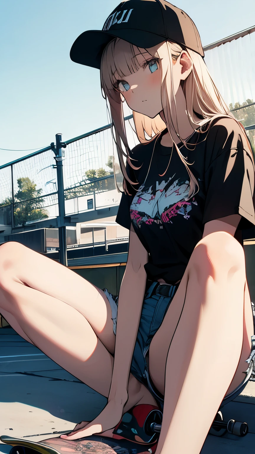 Dynamic composition,Dutch Angle,solo,1girl, Focus on the thighs,{{Very slim legs:1.2}},masterpiece, (Textured skin), Highest quality, Gorgeous beautiful, slim body,(Female skateboarders), Detailed clothing,Small breasts,Tight waist,, (Beautiful Face),Denim shorts knee protector Loose fitting T-shirt baseball cap, Leg spread BREAK sit On the grass Full Body sitting cross-legged