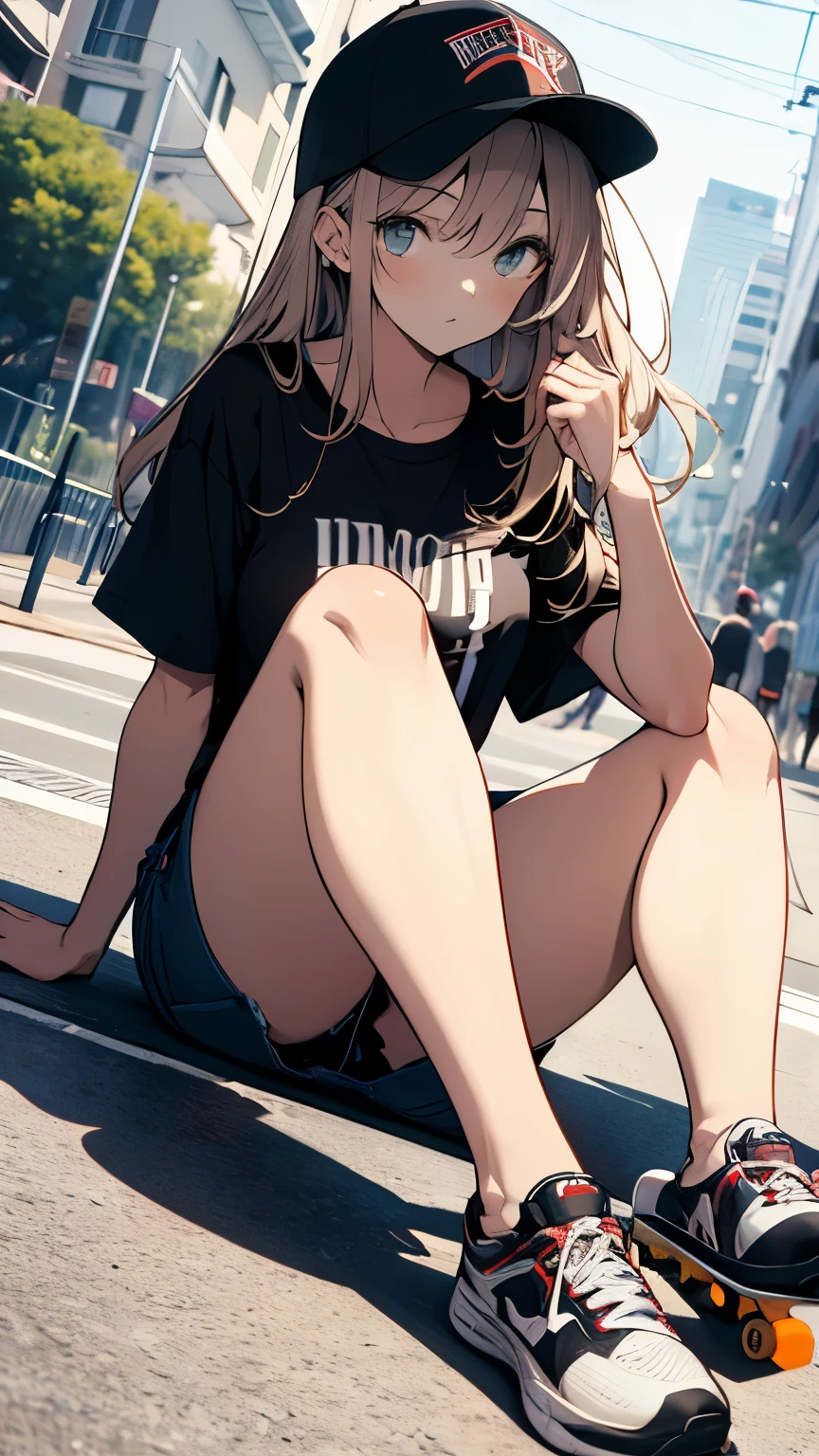 Dynamic composition,Dutch Angle,solo,1girl, Focus on the thighs,{{Very slim legs:1.2}},masterpiece, (Textured skin), Highest quality, Gorgeous beautiful, slim body,(Female skateboarders), Detailed clothing,Small breasts,Tight waist,, (Beautiful Face),Denim shorts　knee protector　Loose fitting T-shirt　baseball cap,　Leg spread　BREAK　sit　On the grass　Full Body　sitting cross-legged　