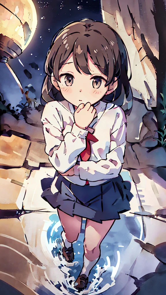 Seaside、Sanctuary、Dazzling Light、Many towers in the distance、Big Moon、metropolis、Tall buildings、Looking up at the stars、water、Midnight、Moon、Blue light、sky、sea、Nsfw、masterpiece, high quality, 4K, HDR,, Stable Diffusion prompt:  schoolgirl with short、brown hair and red-framed glasses, wearing a white blouse and navy skirt, white panties visible, navy socks and brown loafers, in a state of arousal and trembling with sexual climax,simple illustration style, In a nichijou (everyday life) Setting Image generation AI model used: Stable Diffusion (eleet- model)

id: i2