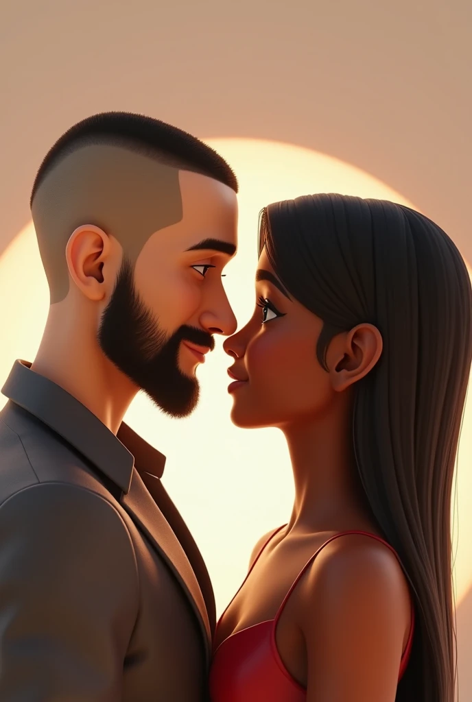 3D Pixar image of a light-skinned man, stark, shaven hair, shaved beard, long nose; with a black woman with long straight hair
