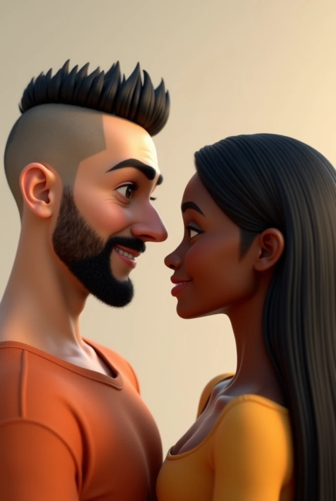 3D Pixar image of a light-skinned man, stark, shaven hair, shaved beard, long nose; with a black woman with long straight hair