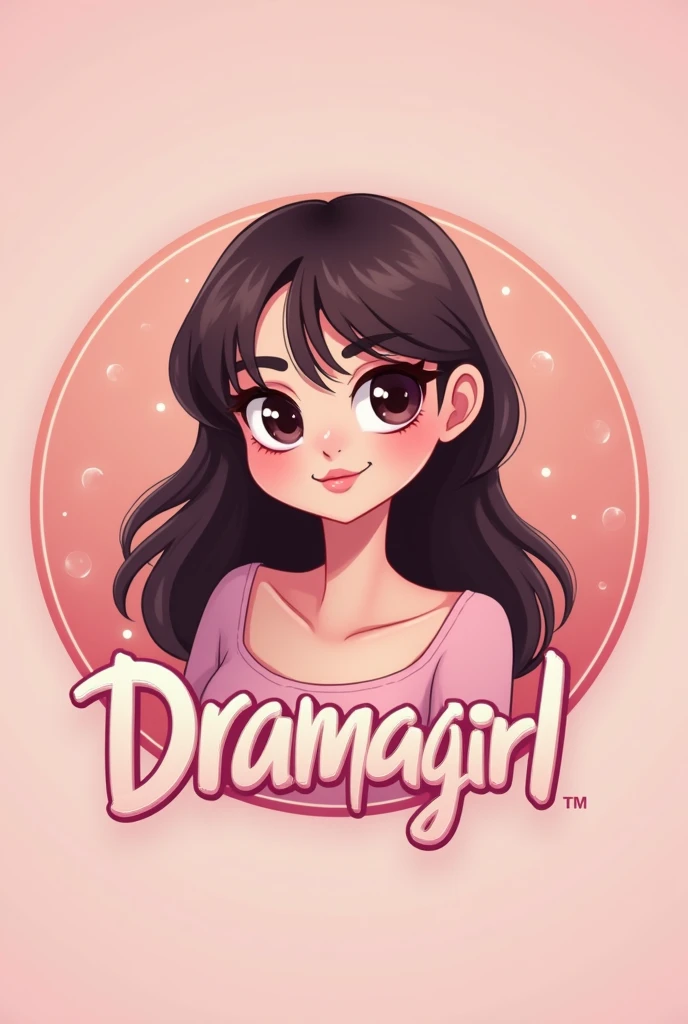 Pastel-colored logo for a TikTok profile picture that says "Dramagirl" girl with dark brown slanted eyes, big cheeks, long dark brown hair and no bangs.