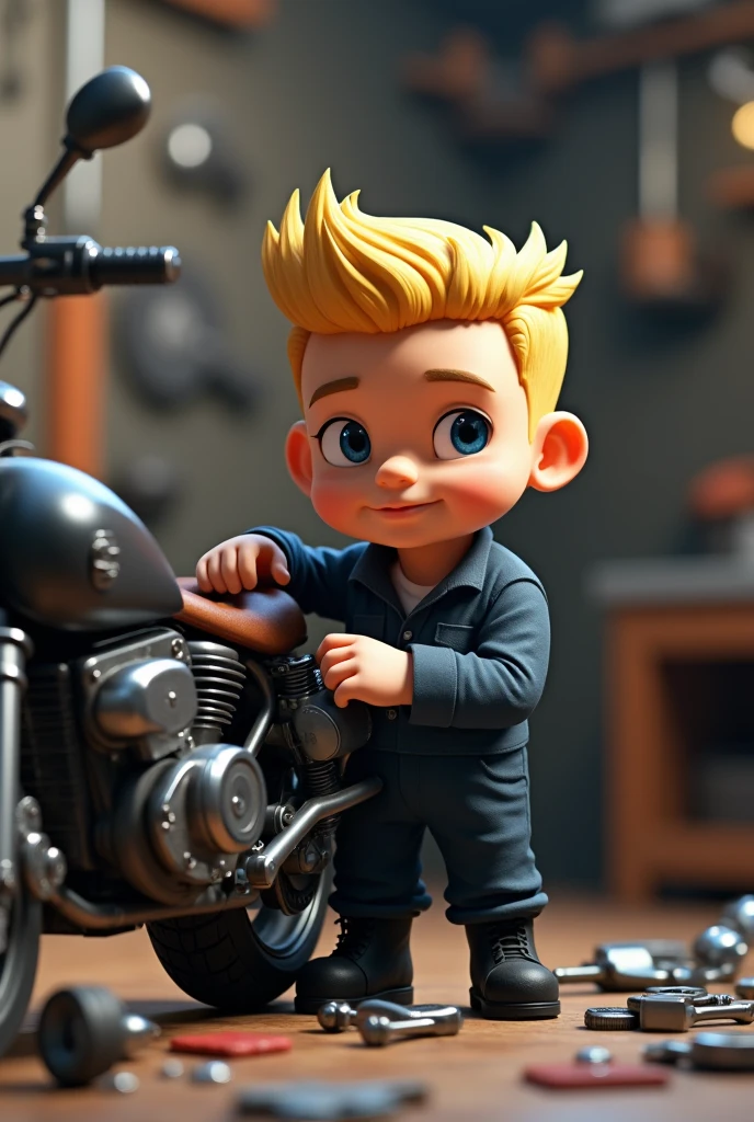 Create a mascot fixing a motorcycle , I want a 3D character, short, blonde with a male quiff, wearing a dark blue uniform with no logo or details, with black boots, in full HD image ,