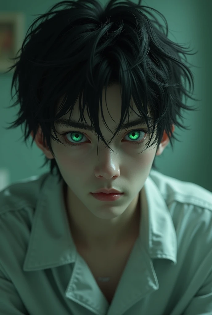 A boy about 24 years old with slightly messy black hair, intimidating appearance and wearing psychiatric patient uniform, green eyes and white skin, Solid figure and piercing gaze. 