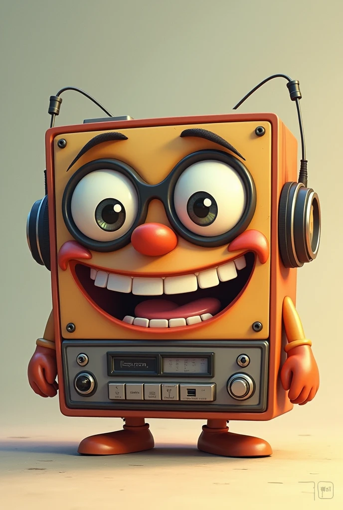 A retro animated tape player, with eyes and a big smile