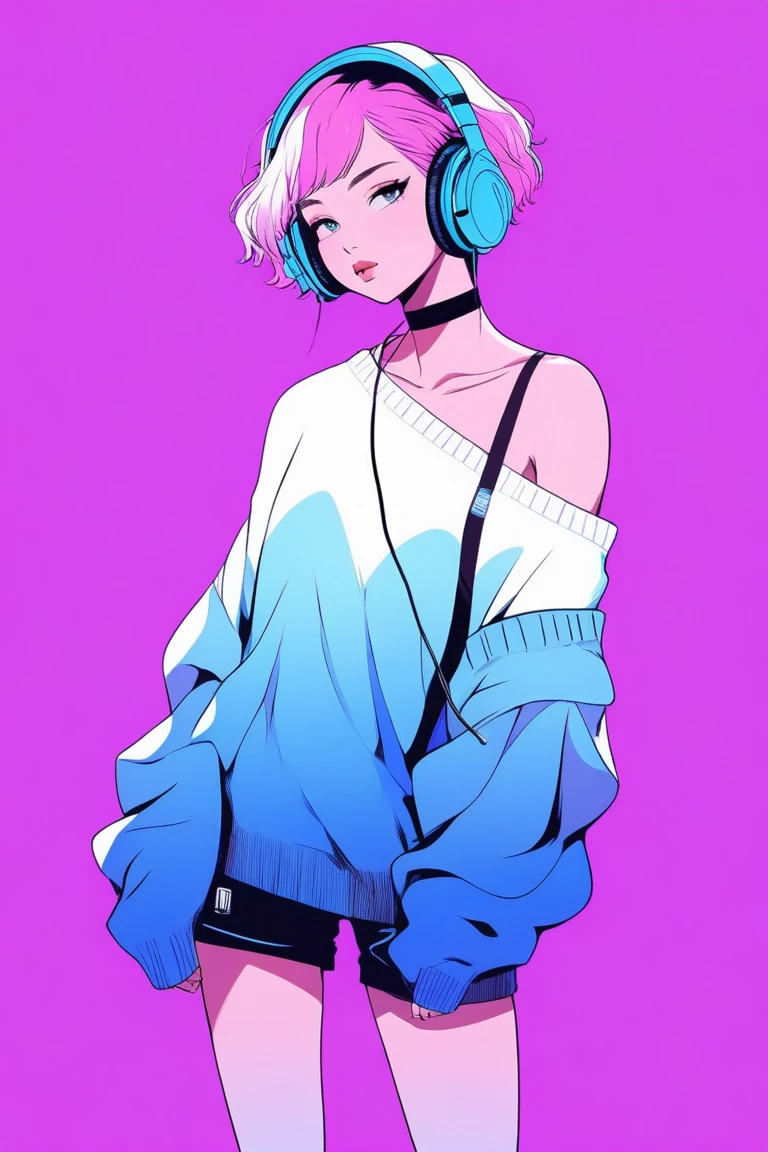 Illustrator, anime , Realistic ,sketch , 1 person, ,lip, Off-the-shoulder sweater, (((whole body))), order, Blue gradient background, Neon Short Hair,Wearing headphones, Texture Trim, Canadian, (masterpiece,Highest quality) cancer