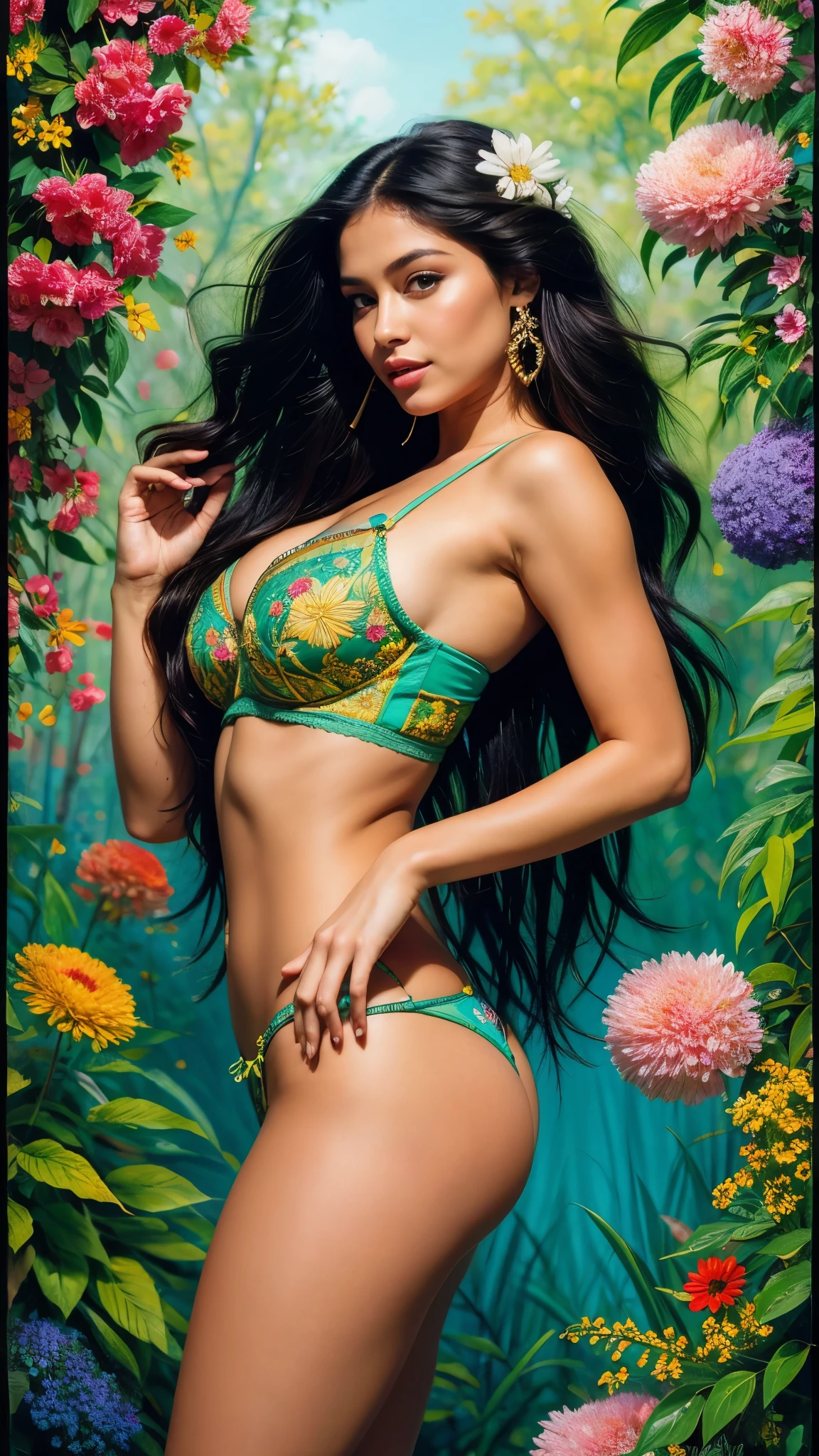 Vibrant, colorfully, and a detailed painting of a beautiful woman representing nature. She is standing in a lush forest, surrounded by flowers, Trees. The woman's hair is long and flowing, and her skin is radiant. She is wearing sexy, embroidered lingerie., sample body. The painting is full of symbolism, and the woman's sensual beauty represents the beauty of nature. The painting is a celebration of the feminine and the natural world.