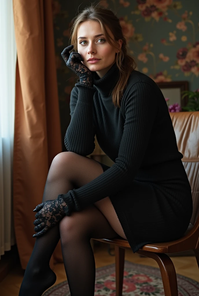 brown hair color、hair pulled back、ponytail、cute face、 she wears a turtleneck and a skirt.、black pantyhose with long socks、sitting on a chair、crossed legs、Wearing black lace gloves、adult german woman、full body portrait、indoor.、