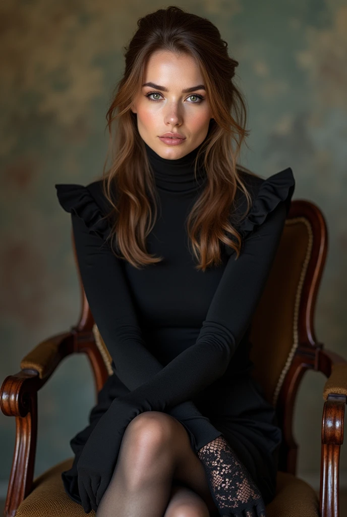 brown hair color、hair pulled back、ponytail、cute face、 she wears a turtleneck and a skirt.、black pantyhose with long socks、sitting on a chair、crossed legs、Wearing black lace gloves、adult german woman、full body portrait、indoor.、