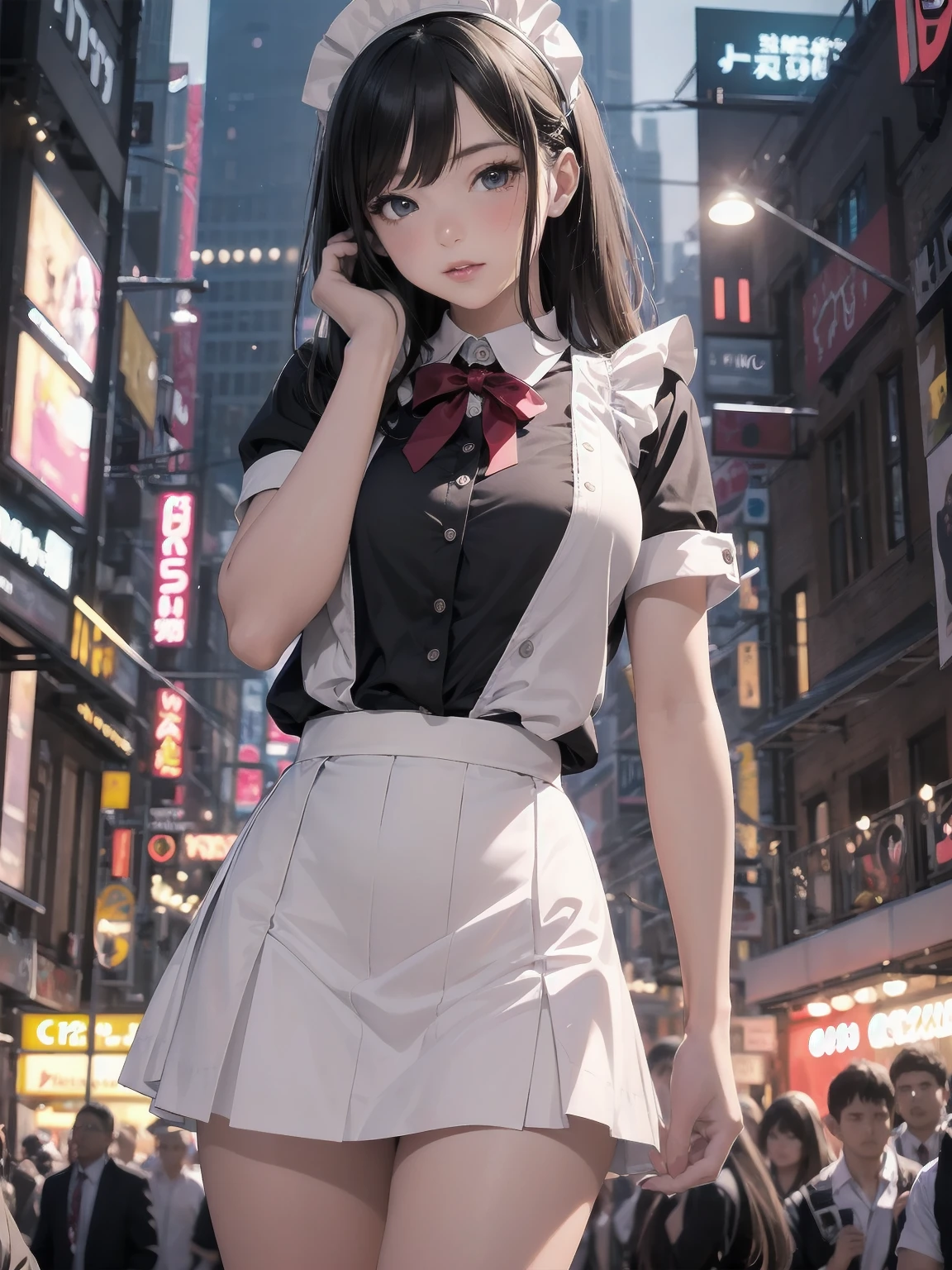 Highly detailed CG Unity 8k wallpaper, Top quality, Highly detailed, Masterpiece, Highly detailed pretty girl, , (((lifting skirt by herself))), (lifting skirt by herself)), dynamic angles, sexy pose, blush, lips apart, looking at audience, half body shot, (crowd), (crowded big city)), hair over one eye, immaculate beauty, less revealing maid outfit, classical maid fashion