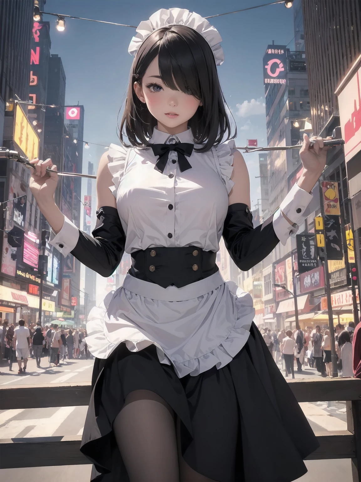 Highly detailed CG Unity 8k wallpaper, Top quality, Highly detailed, Masterpiece, Highly detailed pretty girl, 8 years old, (((lifting skirt by herself))), (lifting skirt by herself)), dynamic angles, sexy pose, blush, lips apart, looking at audience, half body shot, (crowd), (crowded big city)), hair over one eye, immaculate beauty, less revealing maid outfit, classical maid fashion