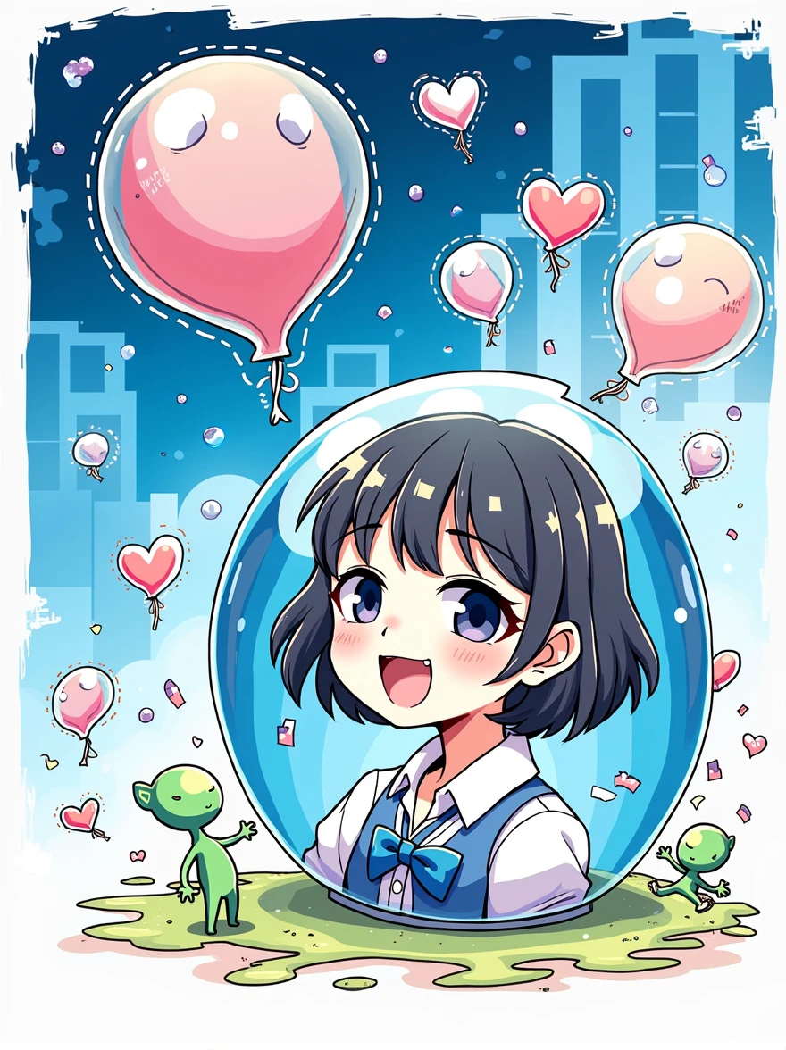 Mai Yoneyama colorful style, Simple Line Initialism,Abstract art,Urban Background, (((The most beautiful girl of all time))), Sweet face. Lips in love, colorful hearts, stylish design, (((黒い瞳))), playing with cute Aliens