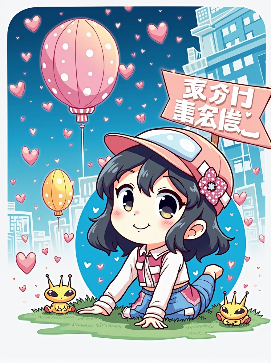 Mai Yoneyama colorful style, Simple Line Initialism,Abstract art,Urban Background, (((The most beautiful girl of all time))), Sweet face. Lips in love, colorful hearts, stylish design, (((黒い瞳))), playing with cute Aliens