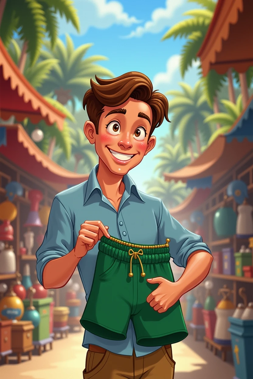 Disney-style guy, brown hair and light blue shirt, buying a green shorts
