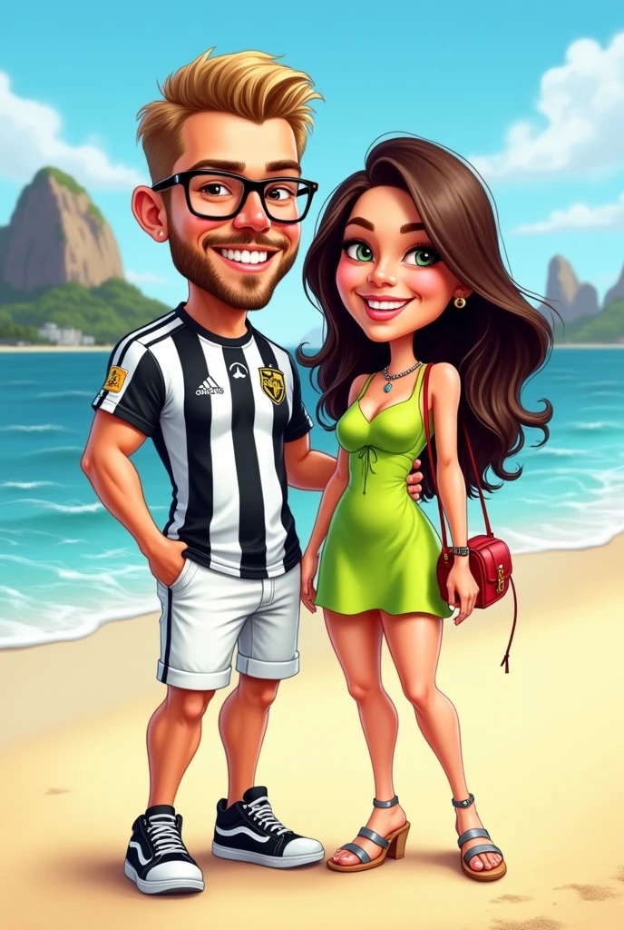A cartoon or caricature drawing of a couple. He is on the left and she is on the right. No fundo, There is a beach in Rio de Janeiro.
The boy has a square face and does not have a thin chin., big forehead, It's blond, He has straight, short hair, shorty, He doesn't have a quiff and his bangs are combed to the side, Okay. His hair is not frizzy. He has a light brown beard, short and mustache, and has light brown eyes. He wears rectangular glasses with black frames and smiles. He wears a black leather chain around his neck with a silver pendant. He doesn't wear earrings. He doesn't wear a watch. He doesn't wear a bracelet. He wears white denim shorts below his knees. He wears a football team jersey that has vertical white and black stripes and, on the left side of his shirt, He has a black shield with a white five-pointed star in the middle. He wears black low-top sneakers with a white stripe on the sole.. He doesn't wear socks. His right hand is in his shorts pocket and his left hand is on his girlfriend's waist.
The girl has long, slightly wavy dark brown hair, almost at the waist, green eyes and thick eyebrows. She has few freckles on her face. She wears a lime green dress with wide straps just above her knees, a small red bag and silver sandals. The sandals are silver and have thin straps that cross in the front and have 4cm thin high heels. she is on the side, with one knee bent at 90 degrees with the foot back. She is resting her hands on her boyfriend's shoulder, while he holds her waist.