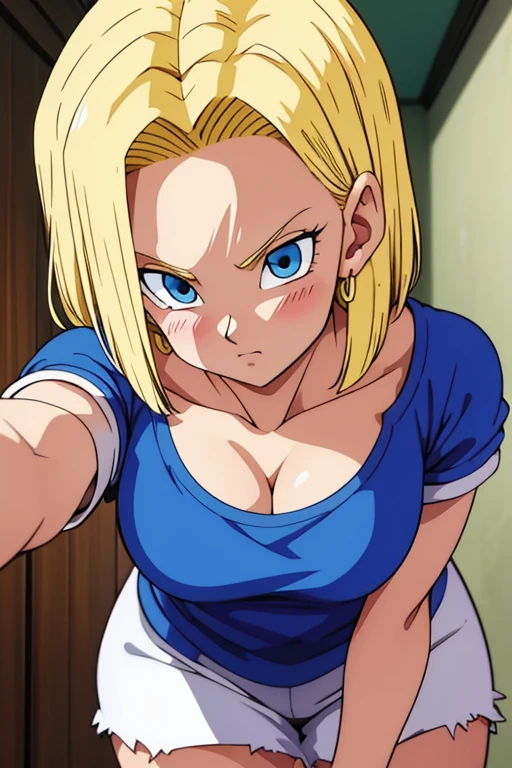 chest, Shortcuts, blue eyes, blonde, Highest quality, blush, 大きなchest, , Anime Style, Android 18,大きなchest, Heavy breathing, Look closer, Accurate, High resolution, Attention to detail, Frowning, Tsundere, Earrings,whole body,Thighs,ナース,ムチムチ
