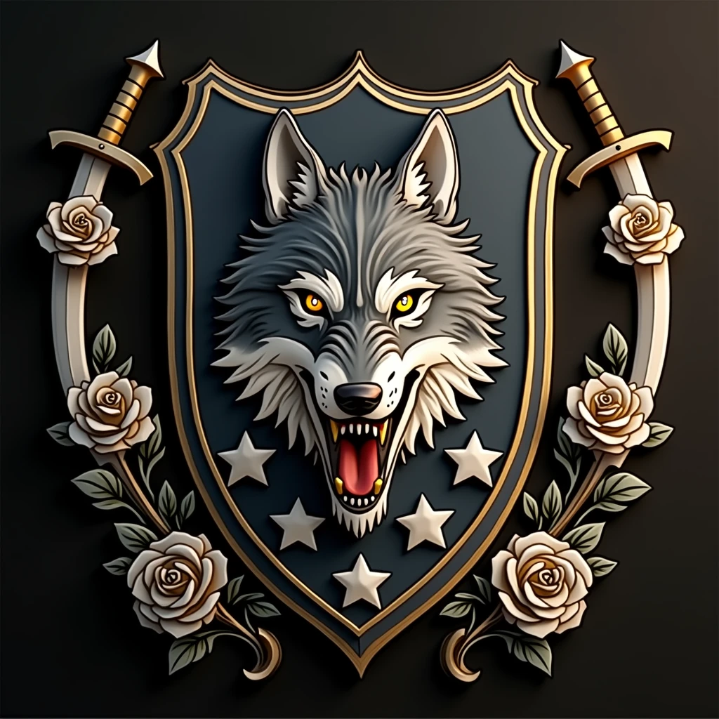 
 
Black shield with a wolf's head, also place 4 Stars and highlight them, placing under the wolf's head. Also place golden and white swords and roses around the mo