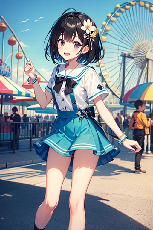 Highest quality、Black Hair、Iris、short hair、、cute、、、Small hair ornament、1 person、amusement park、Date、mini skirt、A happy look、fine、Panty shot