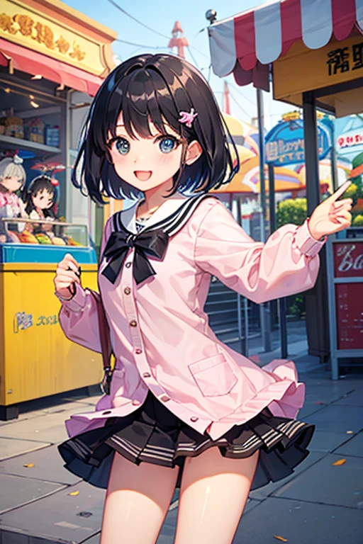 Highest quality、Black Hair、Iris、short hair、、cute、、、Small hair ornament、1 person、amusement park、Date、mini skirt、A happy look、fine、Panty shot