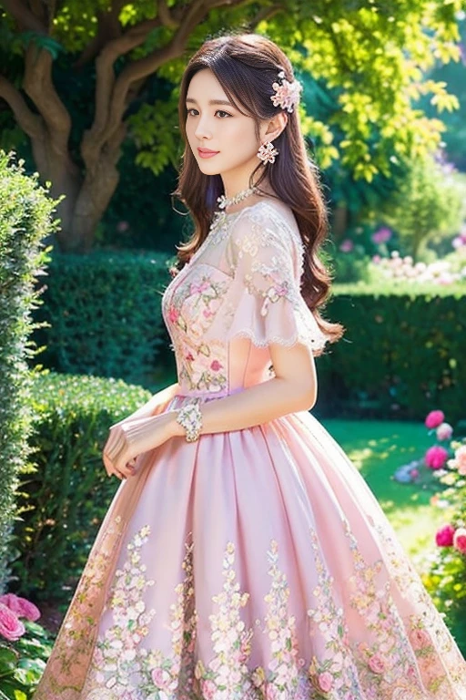 garden background,fairy tale atmosphere,vibrant colors,soft lighting,]floral patterns on the dress,sparkling jewelry,delicate lace details,pink blush, flowing hair,fantasy elements