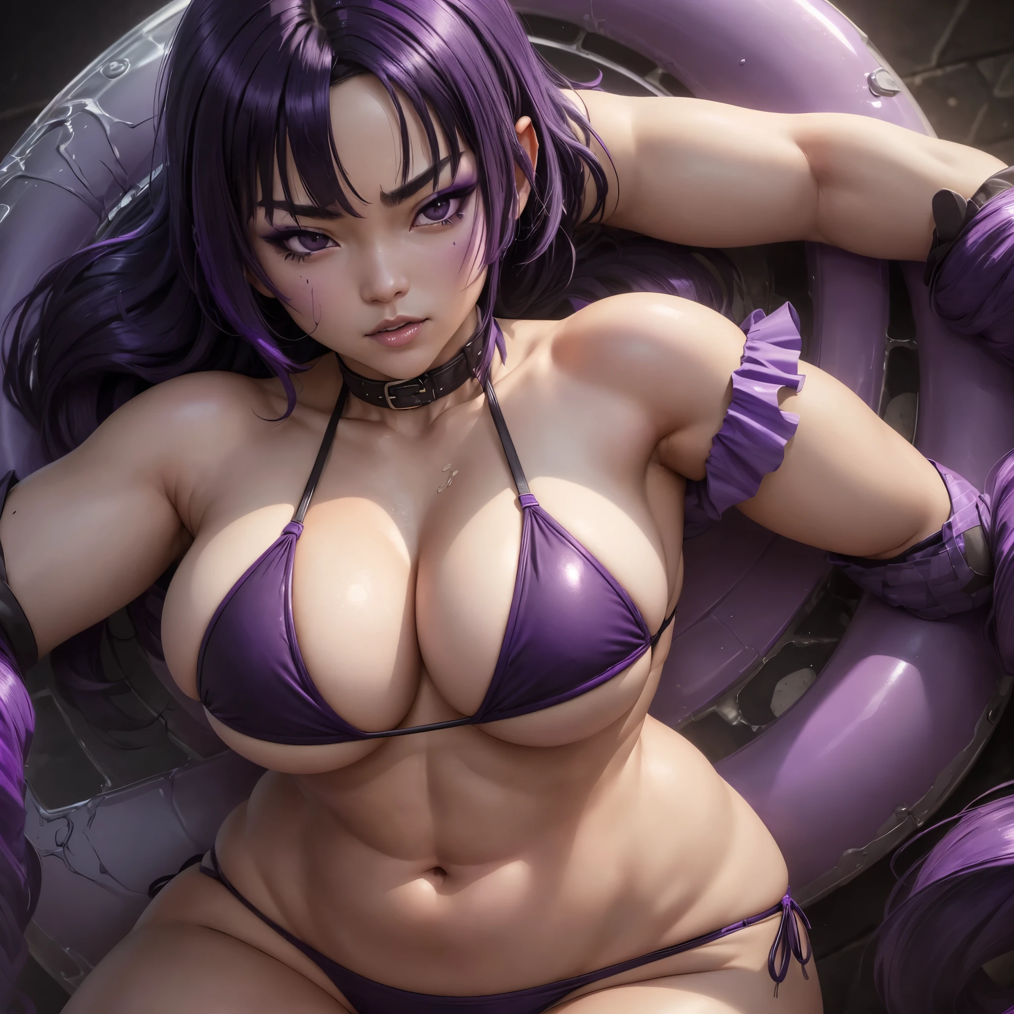 (best qualityer:1.3), (4K quality), Shinobu Kocho for Demon Slayer, (((purple and black hair))), ((face detailed)), ((body curvy)), (big boobies), cleaveage, sexly, ((flossy bikini)), ((swimpool)), ((is pov: is))