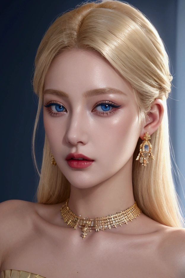 woman, Realistic character,coiffed blonde hair, strapless top,Blue eyes, palace, shiny body, cinematic lighting, goddess of beauty, queen earings, heavy jewellery gold, thin veil, front view, looking at the viewer, 8k, ultra realistic,red lips, dark eyeshadow, long eyelashes